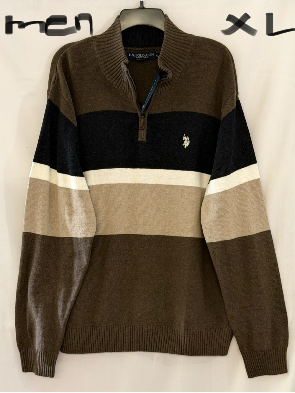 U.S. Polo Assn. Men's Brown, Black, Cream & Tan Striped Half-Zip Sweater